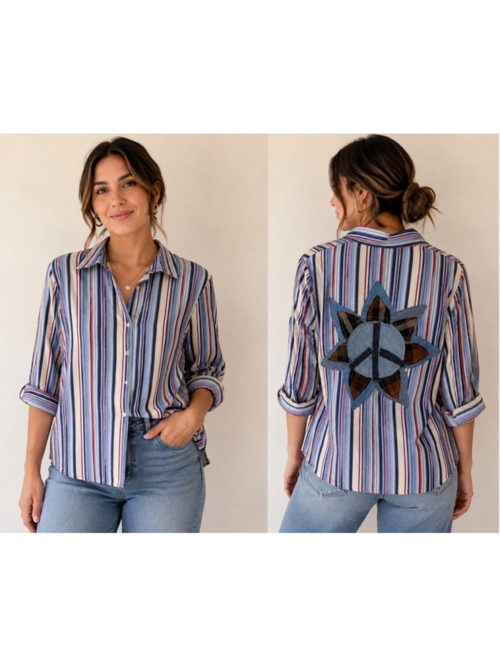 Timberjune Handmade Boutique Striped Button Down Shirt Peace Sign Patch Boho